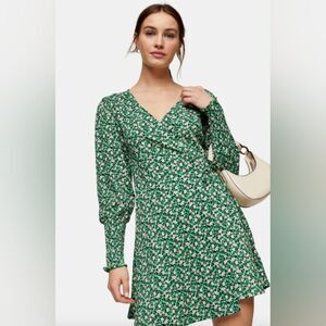 Topshop Green Floral Tie Wrap Dress